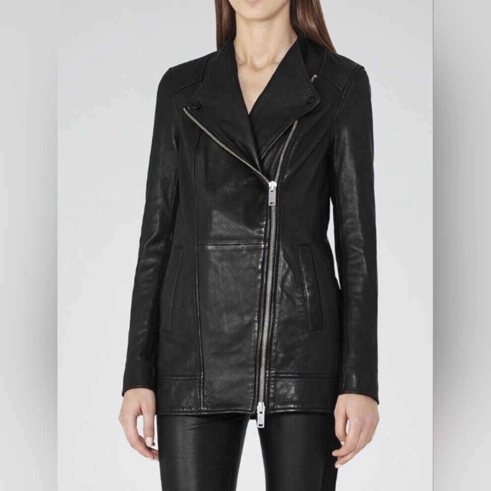Reiss Black Leather Asymmetrical Zip Jacket
